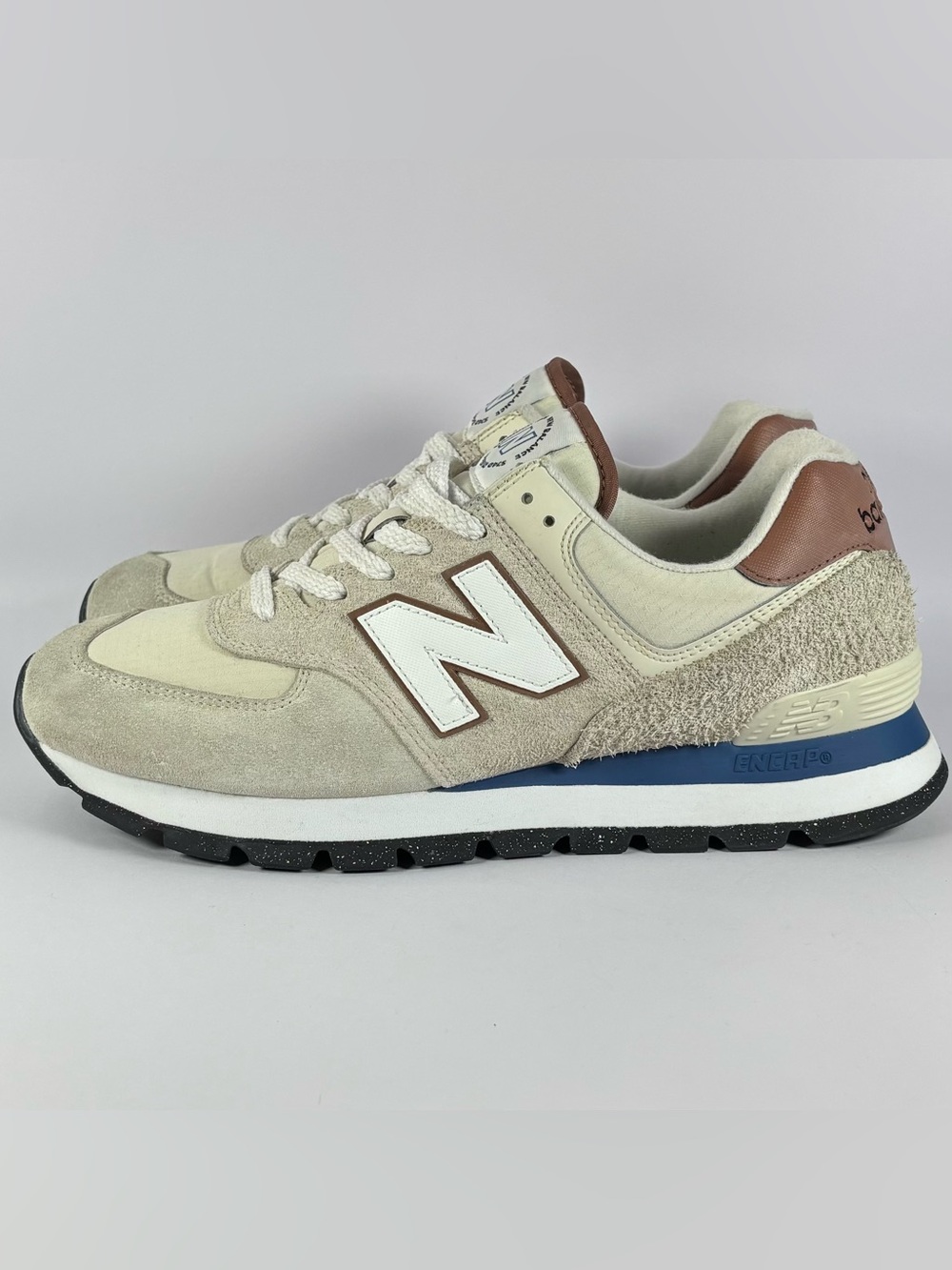 New Balance 574 Rugged Men’s Size 9.5 / Women’s 11 White Brown Suede Sneakers
